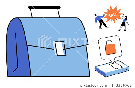 Business briefcase with people shopping and mobile phone vector illustration. Retail, commerce, digital marketing, consumerism, sales, technology. Office bag and smartphone e-commerce Business briefcase with people shopping and mobile phone vector illustration. Retail, commerce, digital marketing, consumerism, sales, technology. Office bag and smartphone e-commerce 143366762