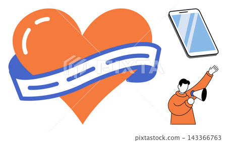 Heart with ribbon smartphone and person with megaphone vector illustration. Communication, social media, love, marketing, announcement, digital connection. Love icon banner mobile phone speaker Heart with ribbon smartphone and person with megaphone vector illustration. Communication, social media, love, marketing, announcement, digital connection. Love icon banner mobile phone speaker 143366763