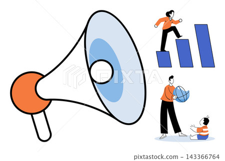 Megaphone and people climbing charts and playing with a child vector illustration. Marketing, career growth, parenting, work life balance, communication, family support. Loudspeaker and characters Megaphone and people climbing charts and playing with a child vector illustration. Marketing, career growth, parenting, work life balance, communication, family support. Loudspeaker and characters 143366764