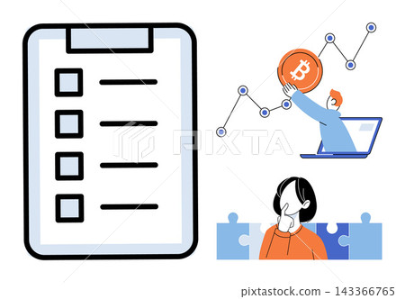 Checklist and financial growth vector illustration. Business strategy, investment planning, data analysis, digital marketing, problem solving, project management. Task list and market trends Checklist and financial growth vector illustration. Business strategy, investment planning, data analysis, digital marketing, problem solving, project management. Task list and market trends 143366765
