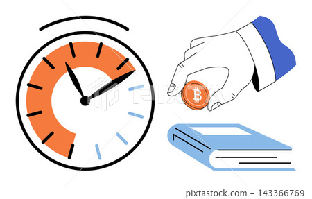 Clock timer, hand holding bitcoin coin and book vector illustration. Financial planning, crypto education, time investment, digital currency, learning strategy, wealth management. Chronometer, hand Clock timer, hand holding bitcoin coin and book vector illustration. Financial planning, crypto education, time investment, digital currency, learning strategy, wealth management. Chronometer, hand 143366769