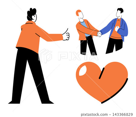People giving thumbs up and shaking hands with a heart icon vector illustration. Collaboration, agreement, success, support, kindness, partnership. Men gesturing approval and greeting People giving thumbs up and shaking hands with a heart icon vector illustration. Collaboration, agreement, success, support, kindness, partnership. Men gesturing approval and greeting 143366829