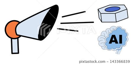 Megaphone broadcasting to a brain and a metal nut vector illustration. Technology, innovation, machine learning, digital transformation, automation, data processing. Loudspeaker transmitting 143366839