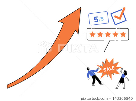 Rising arrow with customer feedback and sale promotion vector illustration. Marketing strategy, consumer satisfaction, business growth, sales performance, positive review, commerce success Rising arrow with customer feedback and sale promotion vector illustration. Marketing strategy, consumer satisfaction, business growth, sales performance, positive review, commerce success 143366840