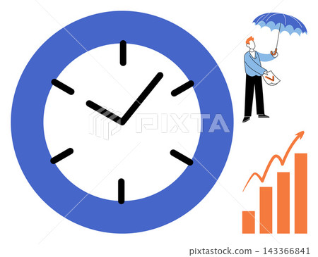Clock with umbrella man and rising bar chart vector illustration. Productivity, insurance, financial planning, business growth, deadline management, risk protection. Chronometer with businessman 143366841