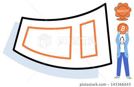 Person holding a bitcoin coin and quality stamp icon vector illustration. Cryptocurrency, finance, investment, digital money, blockchain technology, online trading. Man lifting virtual currency 143366843