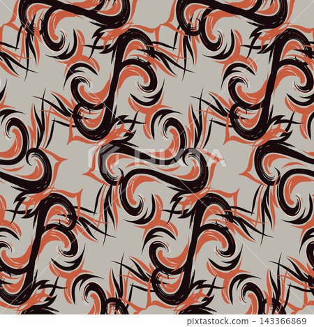 Abstract seamless pattern with flowing swirl shapes in black, orange, and beige, creating bold retro movement and decorative rhythm for textile, wallpaper, wrapping, and surface design use. Abstract seamless pattern with flowing swirl shapes in black, orange, and beige, creating bold retro movement and decorative rhythm for textile, wallpaper, wrapping, and surface design use. 143366869