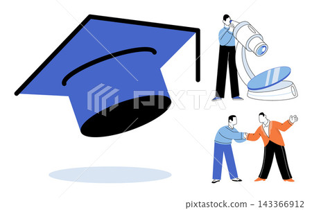 Graduation cap and people working are in this vector illustration. Academic achievement, scientific research, professional networking, career growth, higher education, business partnership Graduation cap and people working are in this vector illustration. Academic achievement, scientific research, professional networking, career growth, higher education, business partnership 143366912