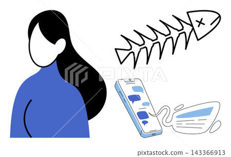 Woman with fish bone and smartphone vector illustration. Online dating, ghosting, relationship, communication, rejection, social media. Female character with skeleton remains and mobile device Woman with fish bone and smartphone vector illustration. Online dating, ghosting, relationship, communication, rejection, social media. Female character with skeleton remains and mobile device 143366913