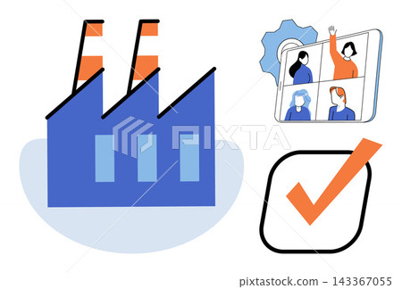 Factory building, video conference call, and checkmark vector illustration. Manufacturing, remote work, business operations, digital communication, quality control, industrial management. Industrial 143367055