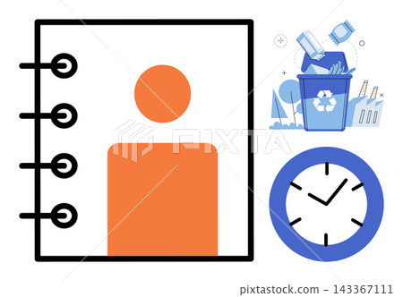 Contact book recycling bin and clock vector illustration. Organization, sustainability, time management, scheduling, waste disposal, productivity. Address directory trash container timepiece Contact book recycling bin and clock vector illustration. Organization, sustainability, time management, scheduling, waste disposal, productivity. Address directory trash container timepiece 143367111