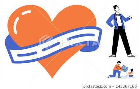 Heart shape with road ribbon and people characters vector illustration. Travel, love, family, journey, lifestyle, connection. Romantic path symbol with human figures and child Heart shape with road ribbon and people characters vector illustration. Travel, love, family, journey, lifestyle, connection. Romantic path symbol with human figures and child 143367160