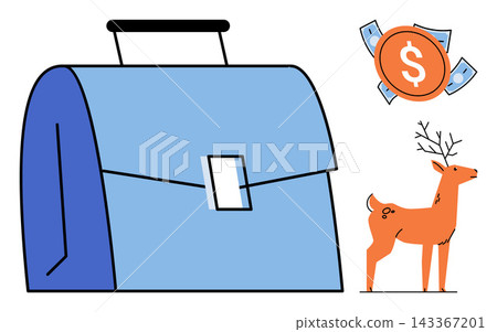 Blue briefcase with money and a deer vector illustration. Business, finance, investment, nature, growth, wealth, corporate strategy, wildlife conservation. Office bag with cash and stag Blue briefcase with money and a deer vector illustration. Business, finance, investment, nature, growth, wealth, corporate strategy, wildlife conservation. Office bag with cash and stag 143367201
