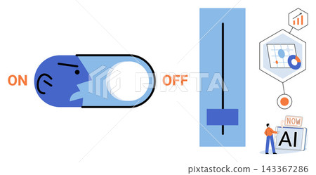 Human head toggle switch and data slider vector illustration. Automation, machine learning, digital transformation, technology management, system control, software development. AI power button Human head toggle switch and data slider vector illustration. Automation, machine learning, digital transformation, technology management, system control, software development. AI power button 143367286