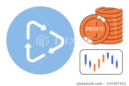 Circular arrows with profit coins and stock market chart vector illustration. Investment, finance, economy, trading, capital, revenue. Business cycle icons with money and data analytics Circular arrows with profit coins and stock market chart vector illustration. Investment, finance, economy, trading, capital, revenue. Business cycle icons with money and data analytics 143367341