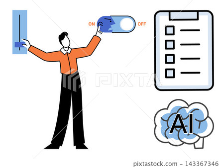Man adjusting artificial intelligence settings and brain functions vector illustration. Technology, automation, digital transformation, machine learning, data management, software control. Person Man adjusting artificial intelligence settings and brain functions vector illustration. Technology, automation, digital transformation, machine learning, data management, software control. Person 143367346