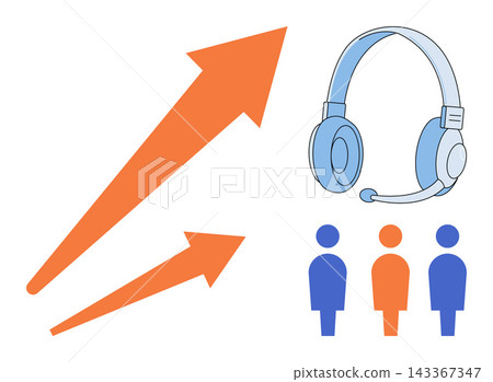 Rising arrows with headset and people icons vector illustration. Business growth, customer service, technical support, communication, team efficiency, call center. Increasing performance with audio Rising arrows with headset and people icons vector illustration. Business growth, customer service, technical support, communication, team efficiency, call center. Increasing performance with audio 143367347