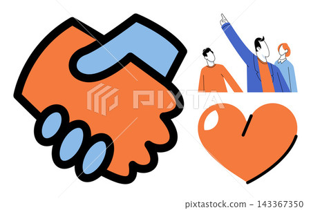 Handshake heart and people pointing vector illustration. Teamwork, partnership, love, communication, leadership, cooperation. Agreement gesture, romantic shape group of individuals Handshake heart and people pointing vector illustration. Teamwork, partnership, love, communication, leadership, cooperation. Agreement gesture, romantic shape group of individuals 143367350