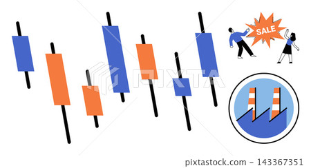 Financial candlestick chart with sale promotion and industrial factory icon vector illustration. Trading, economy, retail, manufacturing, investment, business growth. Stock market graph with discount 143367351