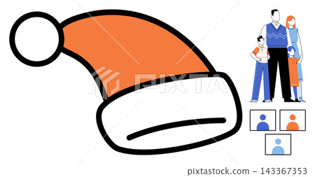 Santa Claus hat and family portrait vector illustration. Christmas celebration, winter holidays, festive season, family gathering, seasonal greeting, togetherness. Red cap and group of people Santa Claus hat and family portrait vector illustration. Christmas celebration, winter holidays, festive season, family gathering, seasonal greeting, togetherness. Red cap and group of people 143367353