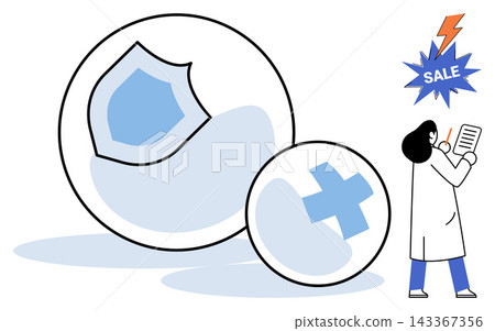 Doctor checking medical insurance policy documents vector illustration. Healthcare, protection, wellness, finance, clinical services, coverage. Physician reviewing health plan paperwork Doctor checking medical insurance policy documents vector illustration. Healthcare, protection, wellness, finance, clinical services, coverage. Physician reviewing health plan paperwork 143367356