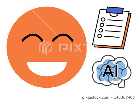 Happy emotion face with a checklist and artificial intelligence brain vector illustration. Productivity, machine learning, task management, digital technology, mental health, automation. Smiling Happy emotion face with a checklist and artificial intelligence brain vector illustration. Productivity, machine learning, task management, digital technology, mental health, automation. Smiling 143367408