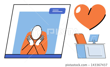 Person in video call and office desk vector illustration. Telehealth, psychological support, remote therapy, emotional wellness, virtual consultation, patient care. Digital counseling session Person in video call and office desk vector illustration. Telehealth, psychological support, remote therapy, emotional wellness, virtual consultation, patient care. Digital counseling session 143367437