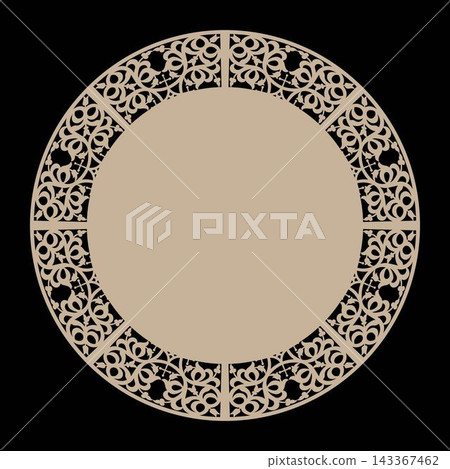 Oriental round frame with arabesques and floral pattern. Template for laser cutting, textile, engraving, forging, embroidery, plate. Vector illustration. 143367462