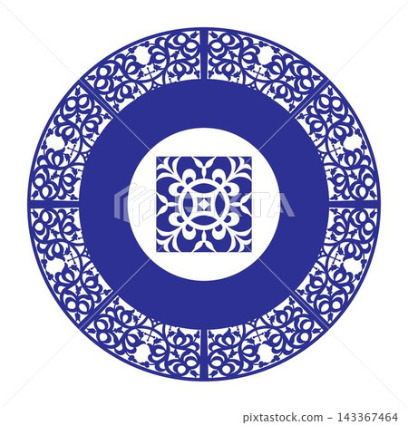 Ceramic plate with arabic pattern. Oriental round frame with arabesques and floral pattern. Template for laser cutting, textile, engraving, forging, embroidery. Vector illustration. Ceramic plate with arabic pattern. Oriental round frame with arabesques and floral pattern. Template for laser cutting, textile, engraving, forging, embroidery. Vector illustration. 143367464