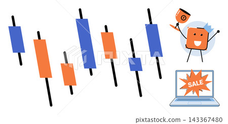 Financial candlestick chart with a happy character and laptop sale vector illustration. Trading, investment, profit, growth, commerce, digital marketing. Market price data with mascot Financial candlestick chart with a happy character and laptop sale vector illustration. Trading, investment, profit, growth, commerce, digital marketing. Market price data with mascot 143367480