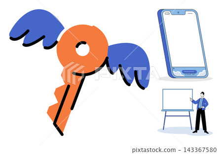 Flying key icon with smartphone and presenter vector illustration. Success, digital access, business presentation, strategy, mobile technology, creative solution. Winged key and phone Flying key icon with smartphone and presenter vector illustration. Success, digital access, business presentation, strategy, mobile technology, creative solution. Winged key and phone 143367580