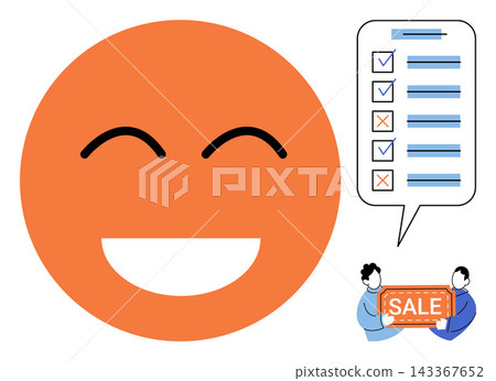 Smiling face icon with a checklist and people holding a sale sign vector illustration. Customer satisfaction, shopping experience, retail discount, positive review, marketing strategy, commerce Smiling face icon with a checklist and people holding a sale sign vector illustration. Customer satisfaction, shopping experience, retail discount, positive review, marketing strategy, commerce 143367652