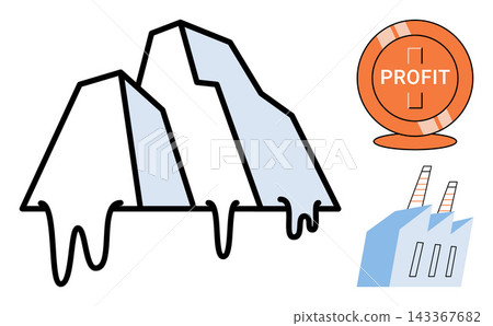 Melting iceberg with industrial factory and profit coin vector illustration. Climate change, global warming, environmental impact, industrial pollution, economic growth, ecological crisis. Thawing 143367682