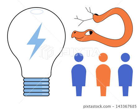 Light bulb with lightning bolt, snake, and human figures vector illustration. Innovation, strategy, teamwork, creative thinking, business challenge, problem solving. Electric lamp, serpent people Light bulb with lightning bolt, snake, and human figures vector illustration. Innovation, strategy, teamwork, creative thinking, business challenge, problem solving. Electric lamp, serpent people 143367685