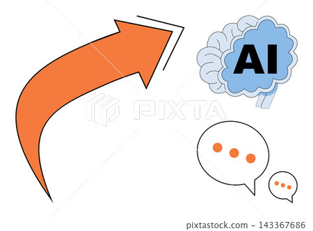 An orange arrow pointing toward a brain icon with AI text and speech bubbles vector illustration. Technology, machine learning, digital communication, progress, innovation, data analysis. Upward 143367686