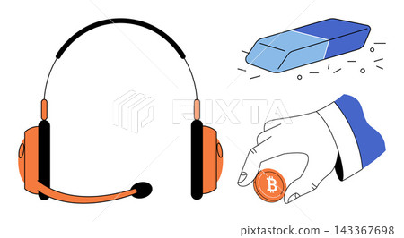 Headphones, eraser, and hand holding a bitcoin coin vector illustration. Business communication, financial technology, digital currency, problem solving, technical support, investment. Headset Headphones, eraser, and hand holding a bitcoin coin vector illustration. Business communication, financial technology, digital currency, problem solving, technical support, investment. Headset 143367698