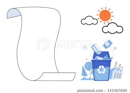 Blank paper scroll next to a recycling bin vector illustration. Waste management, environmental protection, sustainability, ecology, garbage sorting, nature conservation. Empty parchment and trash Blank paper scroll next to a recycling bin vector illustration. Waste management, environmental protection, sustainability, ecology, garbage sorting, nature conservation. Empty parchment and trash 143367699