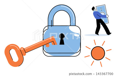 Padlock with a key and a person carrying money vector illustration. Financial safety, data protection, wealth management, investment security, savings growth, business success. Secure lock with key Padlock with a key and a person carrying money vector illustration. Financial safety, data protection, wealth management, investment security, savings growth, business success. Secure lock with key 143367700