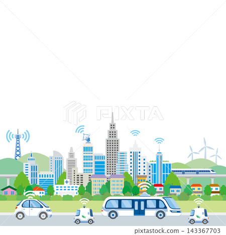 Background illustration of a smart city streetscape where 5G and communication networks are widespread. Background illustration of a smart city streetscape where 5G and communication networks are widespread. 143367703