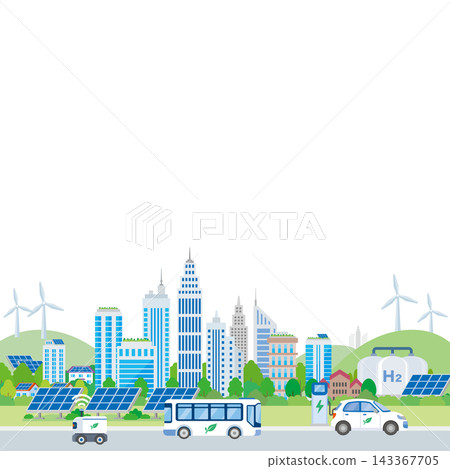 背景插圖描繪了一個環保城市景觀，其中太陽能電池板和風能等再生能源已廣泛應用。 143367705
