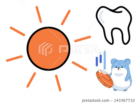 Sun tooth and hamster holding a coin vector illustration. Dental care, financial growth, investment, oral hygiene, savings, wealth management. Solar symbol molar and rodent with currency Sun tooth and hamster holding a coin vector illustration. Dental care, financial growth, investment, oral hygiene, savings, wealth management. Solar symbol molar and rodent with currency 143367710