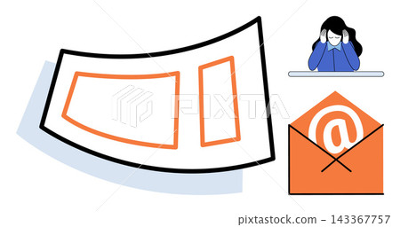 Business communication and stress management vector illustration. Email marketing, digital correspondence, mental health, workplace burnout, professional pressure, information overload. Electronic Business communication and stress management vector illustration. Email marketing, digital correspondence, mental health, workplace burnout, professional pressure, information overload. Electronic 143367757