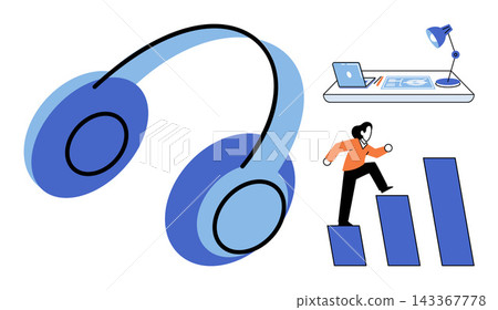 Headphones, desk workspace, and person climbing a bar chart vector illustration. Career development, remote work, productivity, online learning, professional growth, business success. Audio Headphones, desk workspace, and person climbing a bar chart vector illustration. Career development, remote work, productivity, online learning, professional growth, business success. Audio 143367778