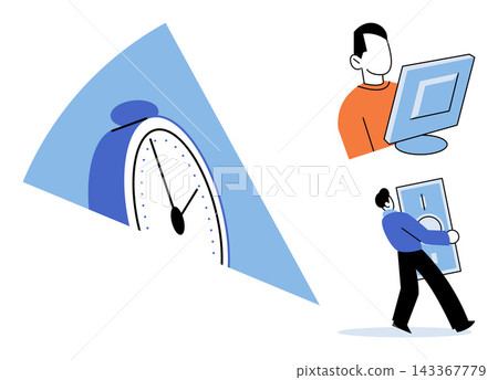 Clock, computer user, and person carrying money vector illustration. Efficiency, business growth, financial planning, deadline, investment, workflow. Chronometer office worker cash Clock, computer user, and person carrying money vector illustration. Efficiency, business growth, financial planning, deadline, investment, workflow. Chronometer office worker cash 143367779