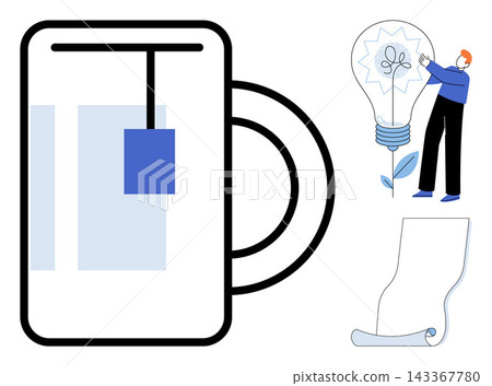 A coffee mug with a tea bag and a person interacting with a light bulb vector illustration. Innovation, brainstorming, productivity, relaxation, inspiration, business strategy. Hot beverage cup A coffee mug with a tea bag and a person interacting with a light bulb vector illustration. Innovation, brainstorming, productivity, relaxation, inspiration, business strategy. Hot beverage cup 143367780