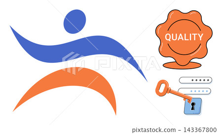 Abstract human figure with a quality stamp and security key vector illustration. Business success, corporate identity, data protection, service excellence, digital security, brand reliability Abstract human figure with a quality stamp and security key vector illustration. Business success, corporate identity, data protection, service excellence, digital security, brand reliability 143367800