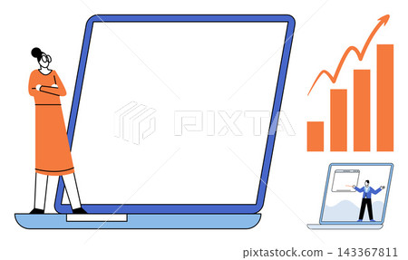 Woman standing next to a large laptop screen with a growth chart vector illustration. Marketing, analytics, business development, financial success, digital strategy, data analysis. Professional Woman standing next to a large laptop screen with a growth chart vector illustration. Marketing, analytics, business development, financial success, digital strategy, data analysis. Professional 143367811