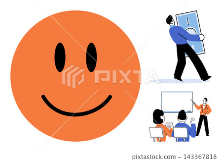 happy face icon and business people vector illustration. Corporate training, financial growth, positive attitude, professional development, team management, success. Happy emotion and office workers happy face icon and business people vector illustration. Corporate training, financial growth, positive attitude, professional development, team management, success. Happy emotion and office workers 143367818