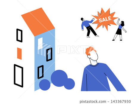 Residential building and people looking at a sale sign vector illustration. Real estate, property investment, housing market, shopping, consumerism, discount. Apartment house and customers Residential building and people looking at a sale sign vector illustration. Real estate, property investment, housing market, shopping, consumerism, discount. Apartment house and customers 143367930