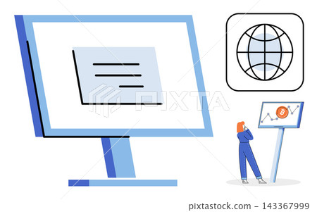 Businesswoman looking at a bitcoin chart on a digital monitor vector illustration. Cryptocurrency, financial analysis, investment, digital economy, market research, trading. Investor observing crypto Businesswoman looking at a bitcoin chart on a digital monitor vector illustration. Cryptocurrency, financial analysis, investment, digital economy, market research, trading. Investor observing crypto 143367999